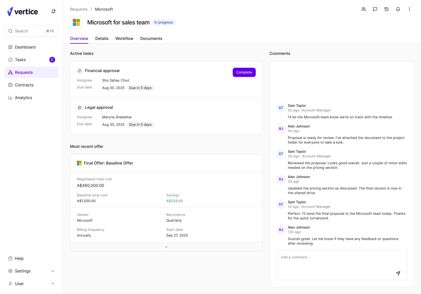 The redesigned request page: active tasks, the most recent offer and comments all in view at once