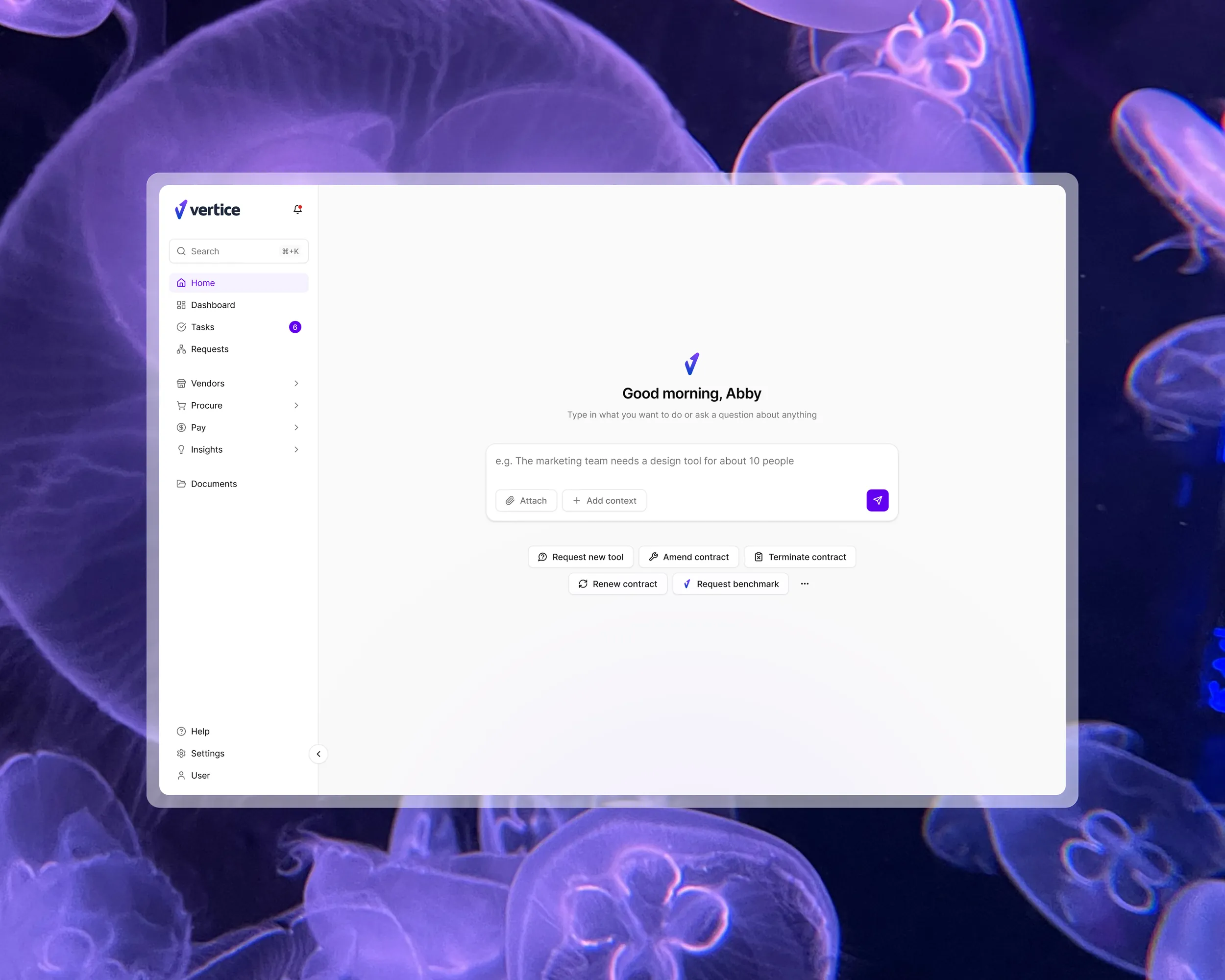 The home screen greeting the user by name, with a box to type what they want to do and shortcuts to request a tool, amend, terminate or renew a contract, or request a benchmark