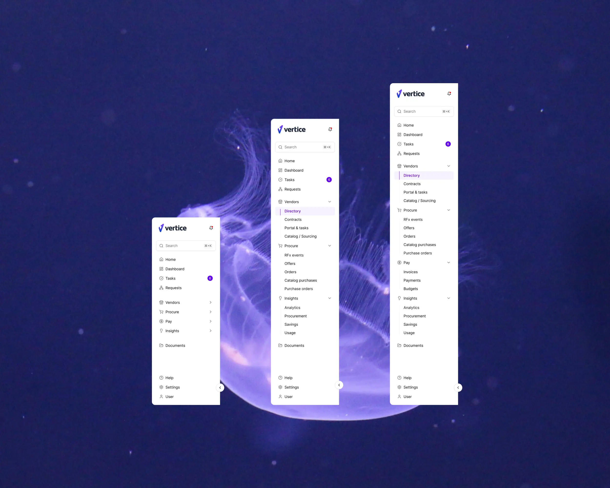 The sidebar in three states: collapsed to top level items, with Vendors opened, and fully expanded showing the Procure, Pay and Insights sections
