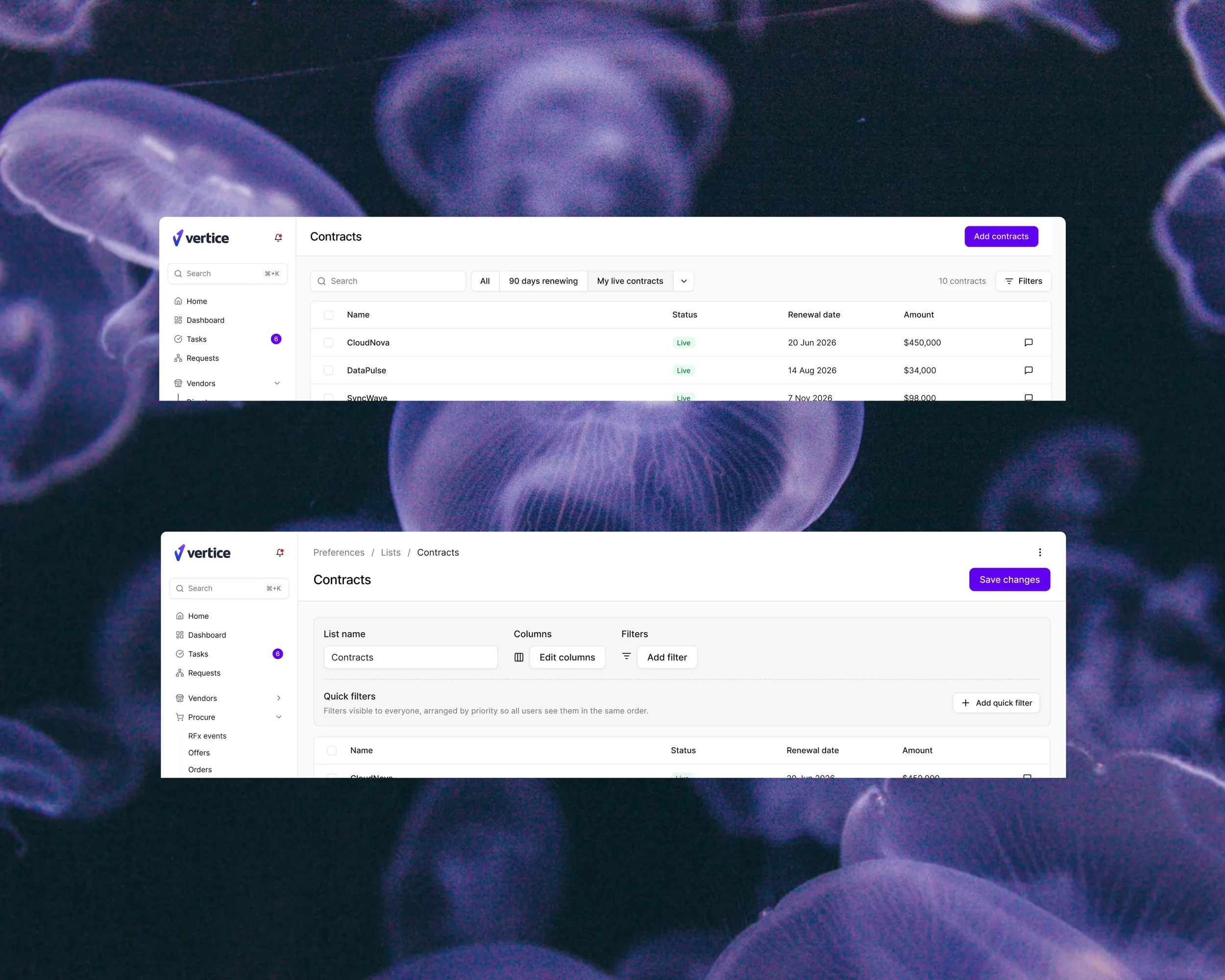 The contracts list with its quick filters along the top, and beneath it the settings screen where those filters are chosen and put in order, so everyone sees them the same way