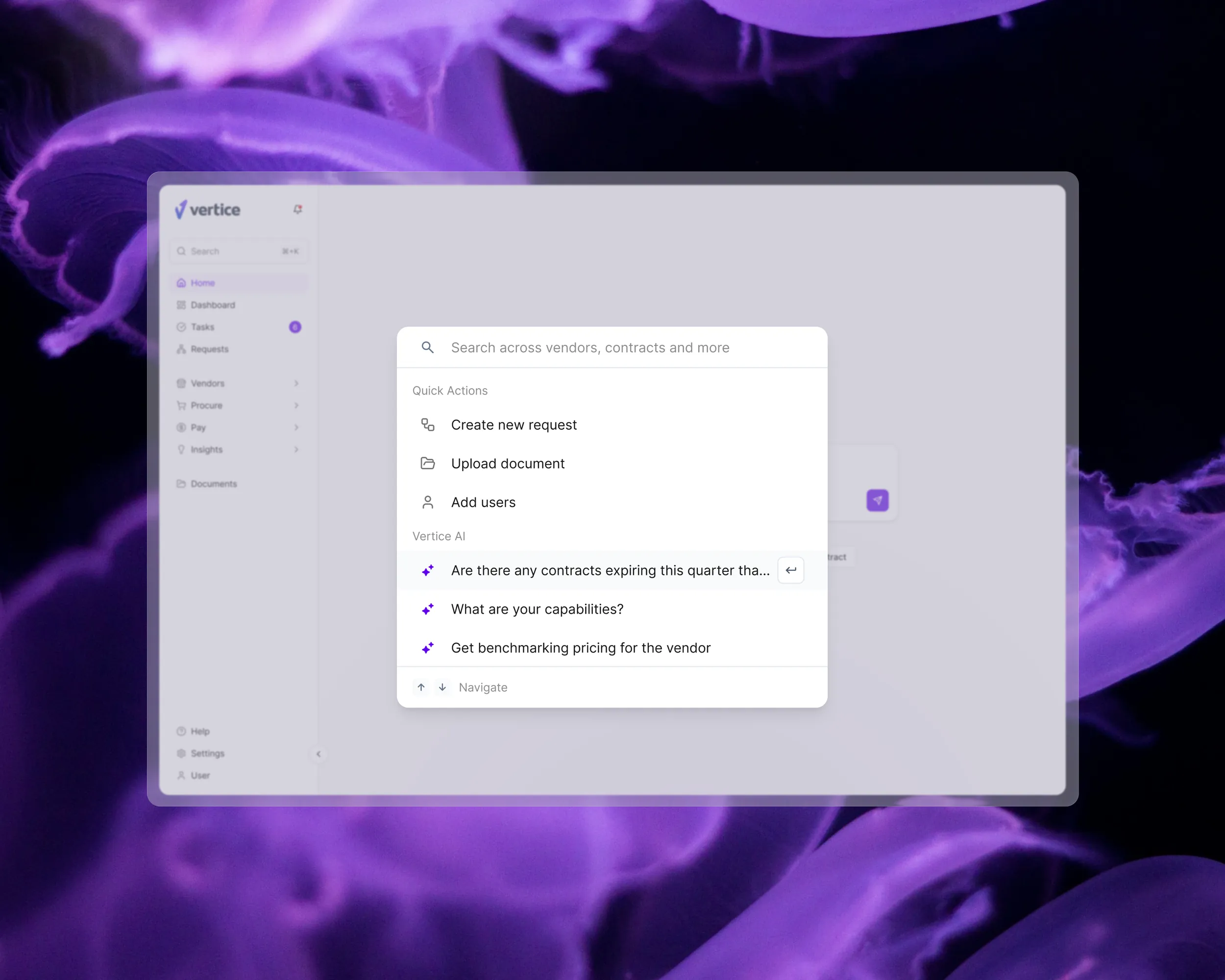 Global search open and empty, offering to create a request, upload a document or add users, and suggesting questions to ask Vertice AI