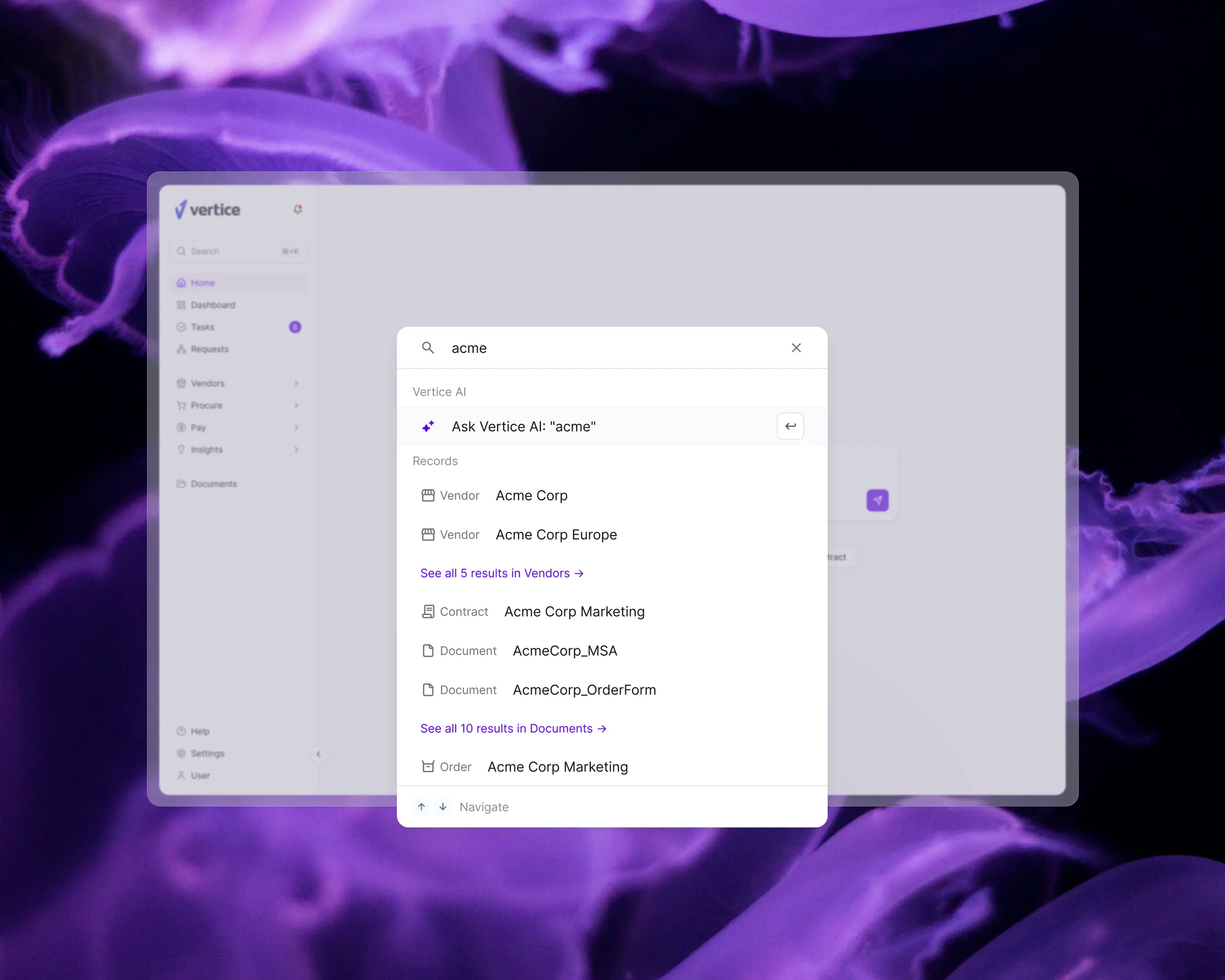 Searching for a vendor name, with results grouped into vendors, contracts, documents and orders, and a link to all results in each