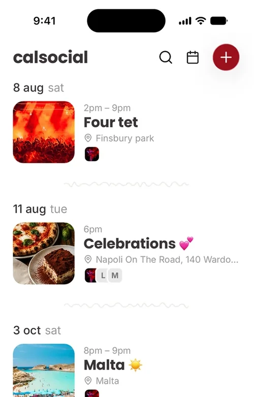 The redesigned calsocial home screen: each event led by its photo, with the time, place and the people going underneath