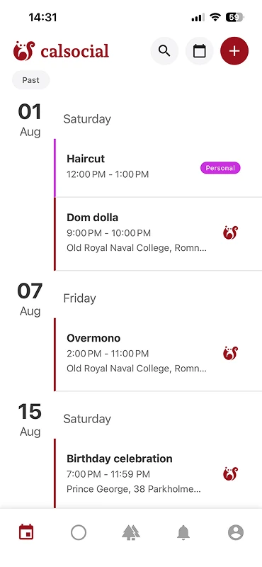 The old calsocial calendar: dated rows with a coloured rule, a title, a time and a location, no images