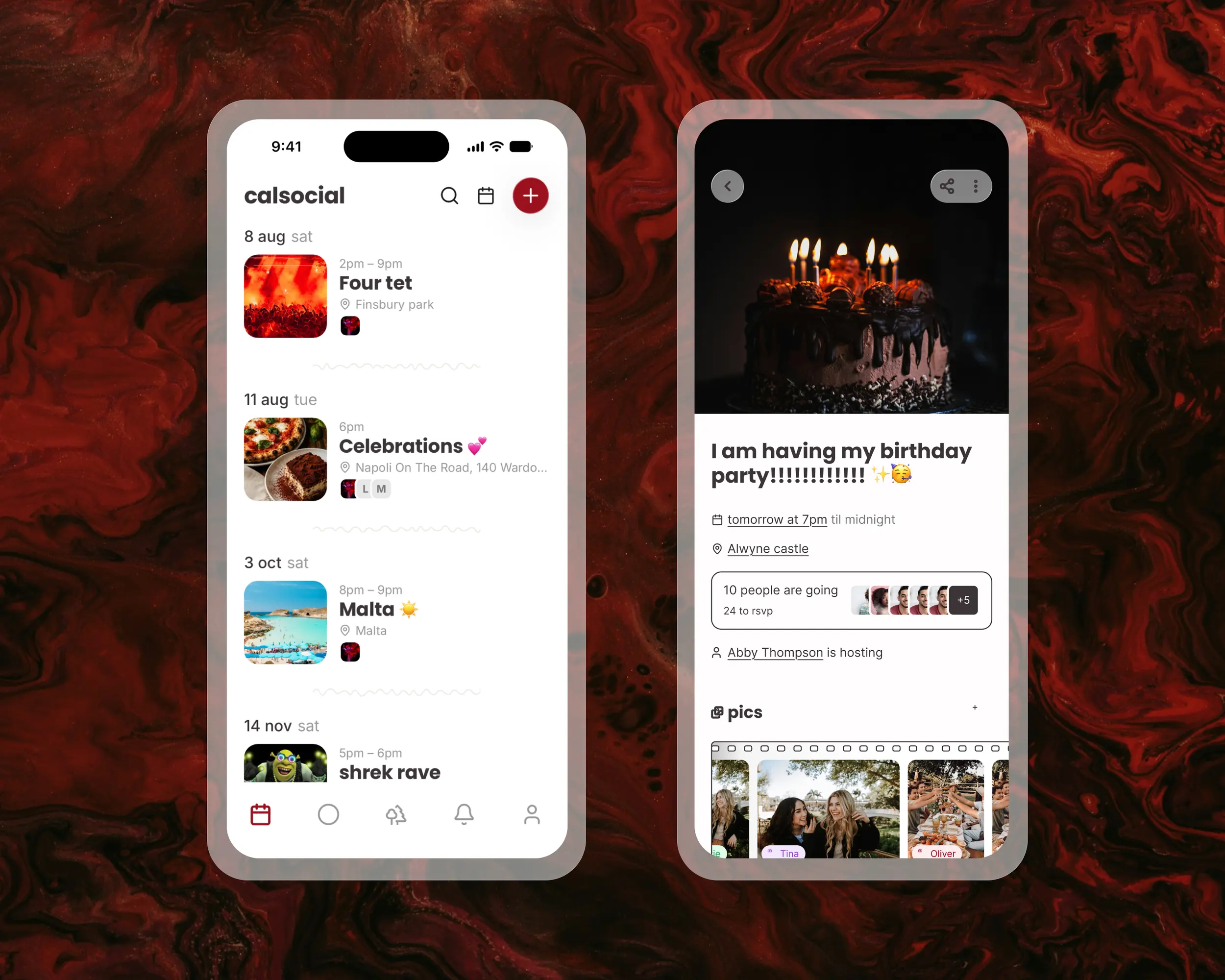 Two of the redesigned screens: the calendar as a list of upcoming plans, and an event with its cover photo, who is going, and who is hosting