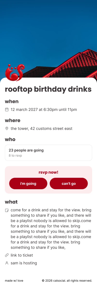The same event page on a phone, with the RSVP buttons sitting directly under the count of who is going
