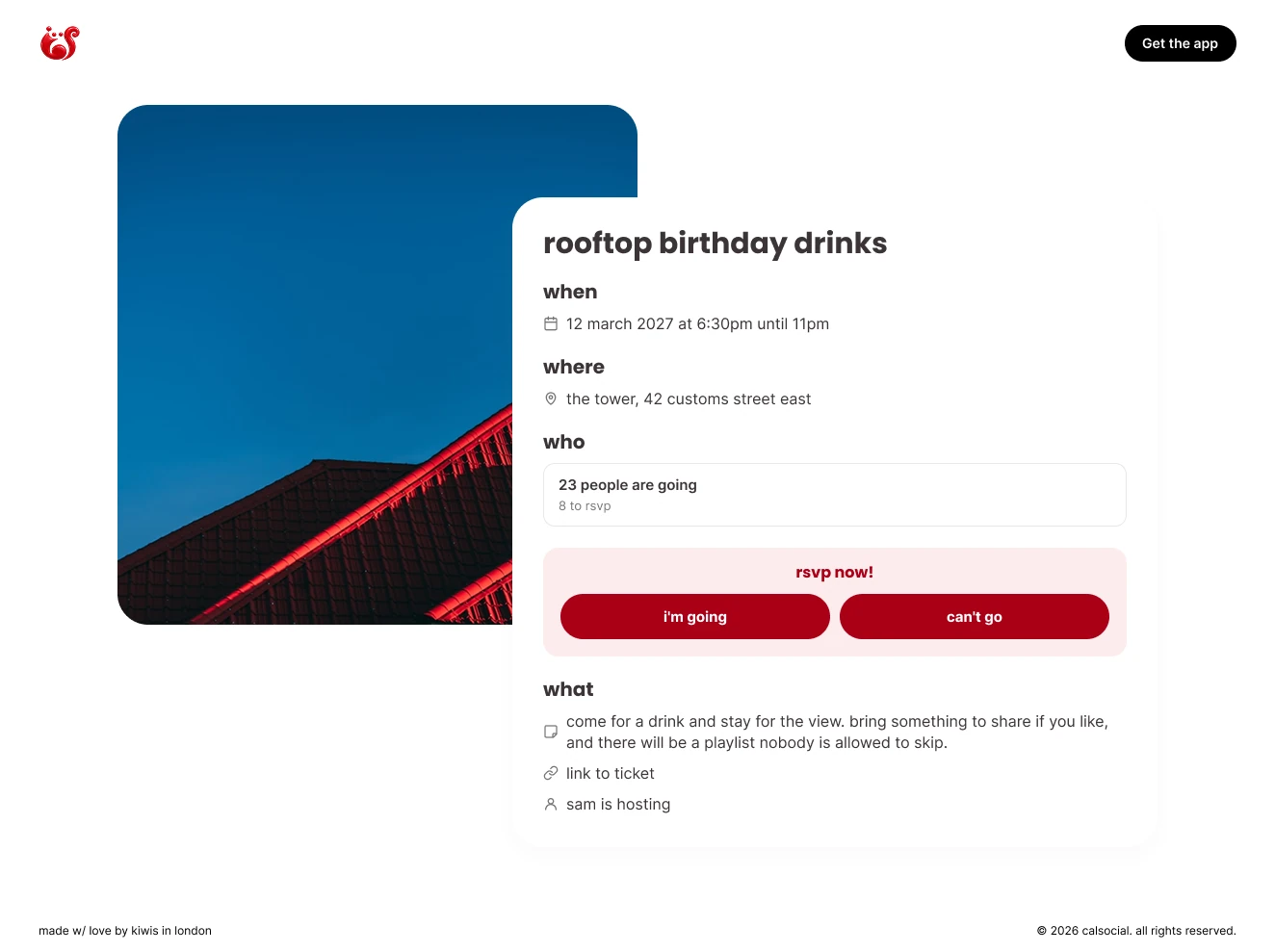 The event page on the web: rooftop birthday drinks, with when, where, who is going, and i'm going or can't go buttons