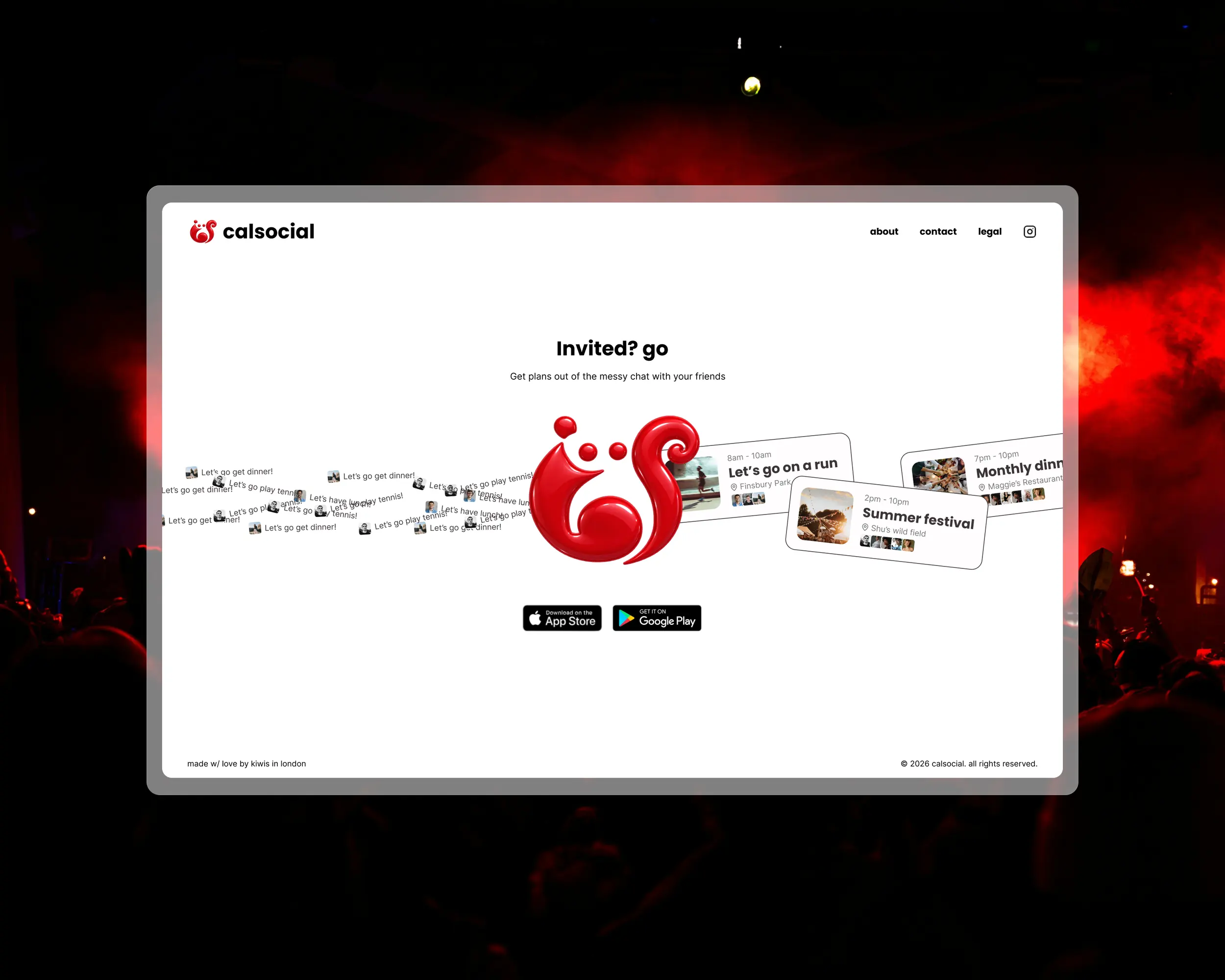 The CalSocial site: the line get plans out of the messy chat with your friends, messy chat on one side and tidy event cards on the other, and the app store badges