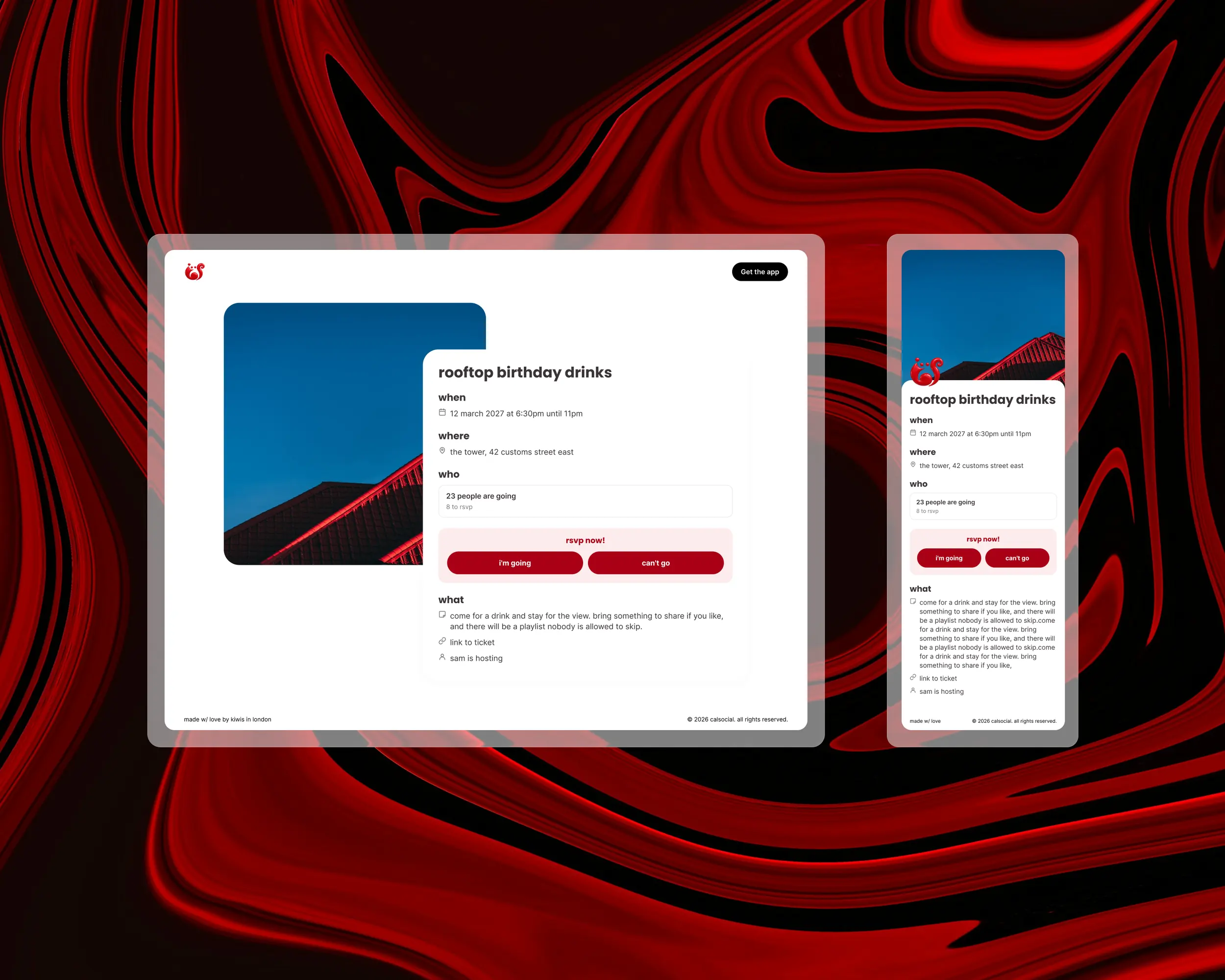 A plan on the web, shown on desktop and mobile: its cover photo, the when, where and who, and buttons to say I'm going or can't go