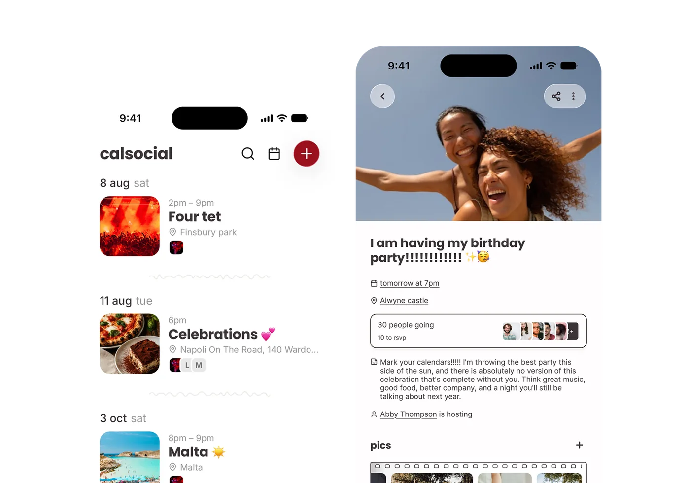 The calsocial app on two phones