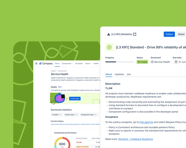 Atlassian Compass, showing a Service Health scorecard and a linked goal