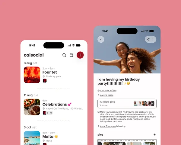 The CalSocial mobile app, showing a friend's calendar and an event page